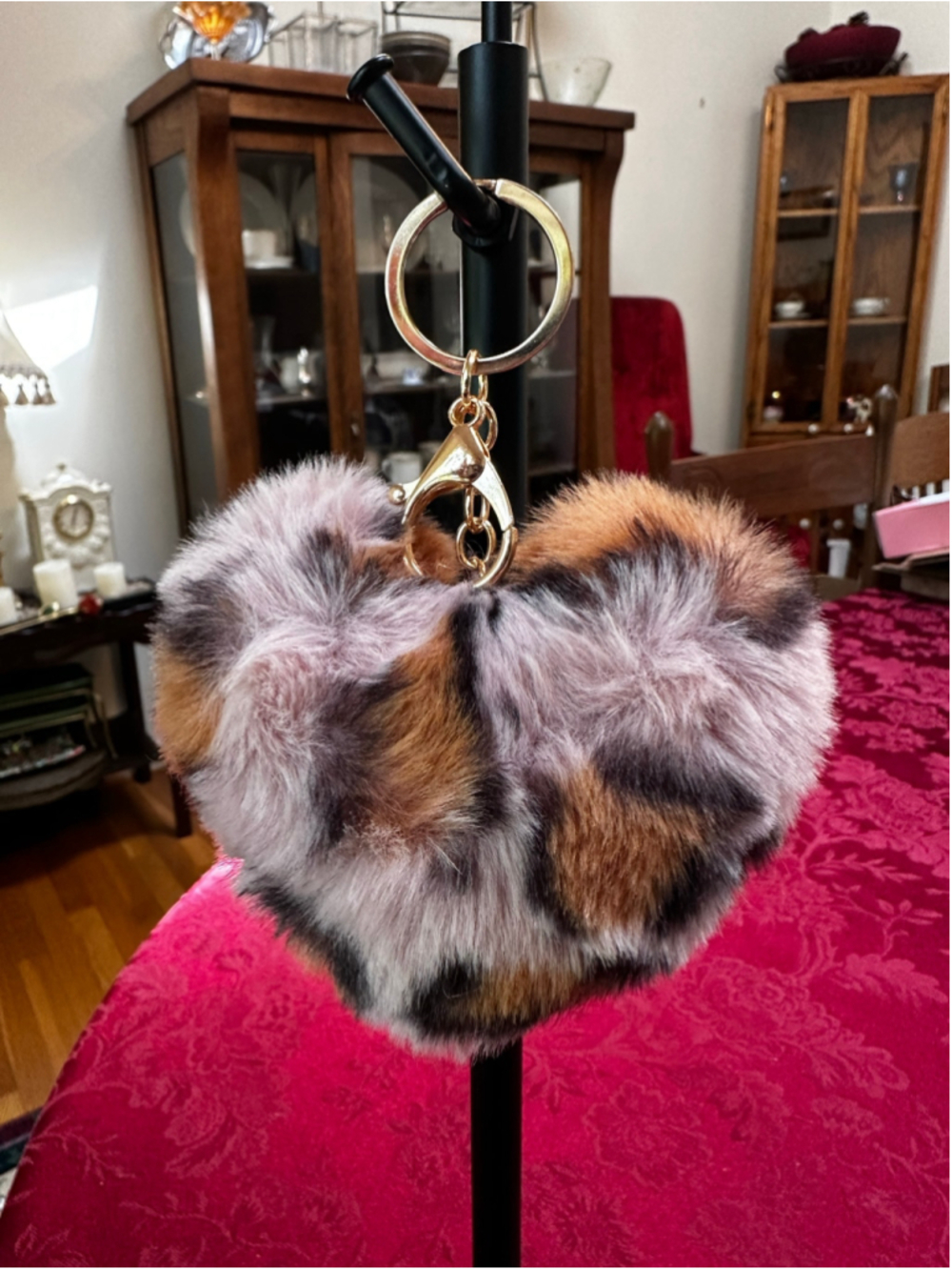 Unbranded Brown & Pink Fluffy Heart Keychain